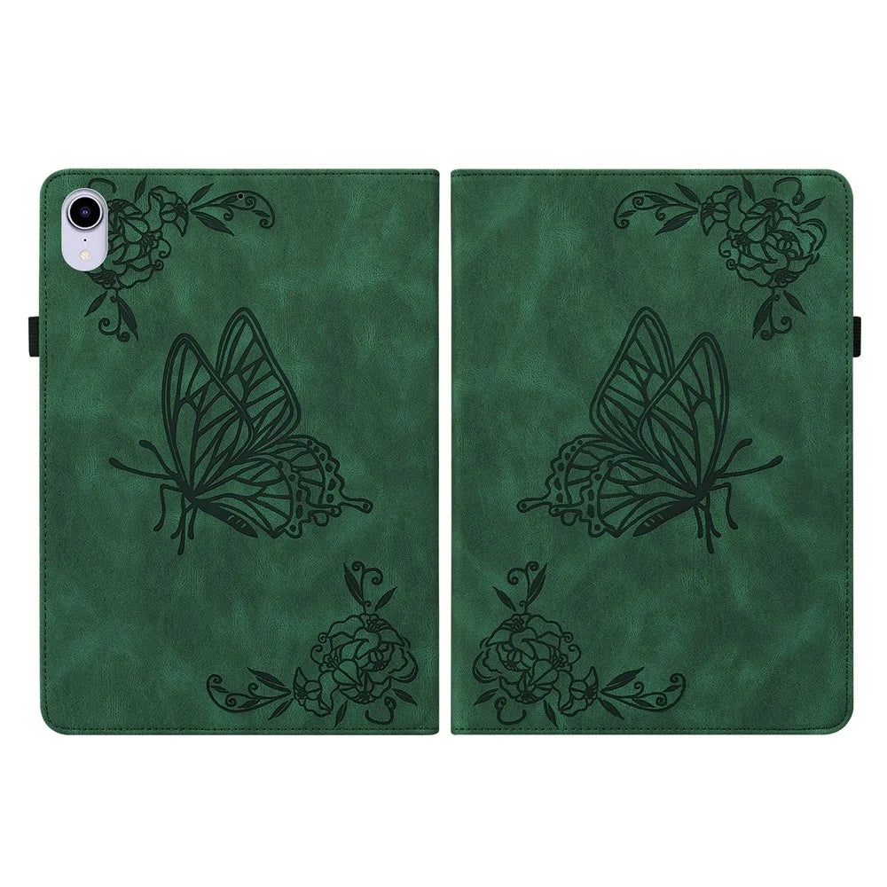 Butterfly Flower Leather Stand Cards Slot Cover with Elastic Band for iPad mini (2024) / mini (2021) - Green - 2