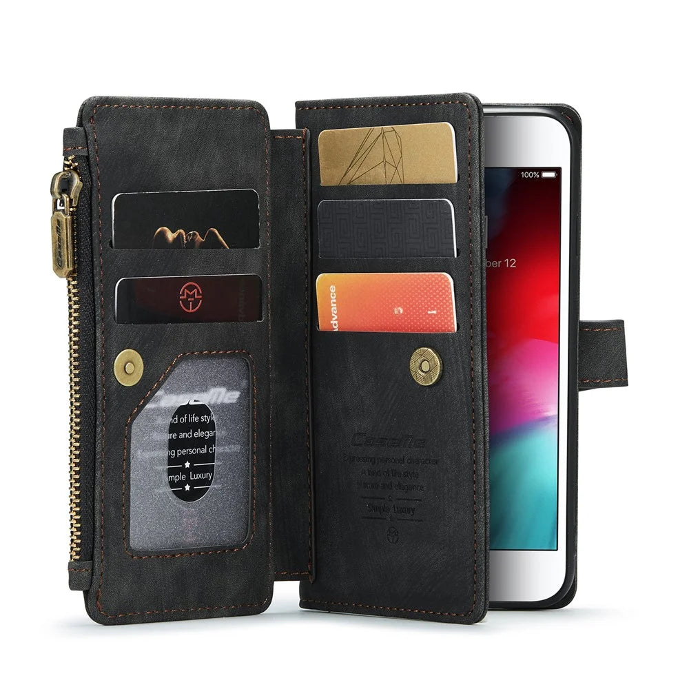 For iPhone SE (2022) / SE (2020) / 8 / 7 / 6 Phone Cases with Strap CASEME C30 Zipper Multiple Card Holder PU Leather Cover - Black - 1