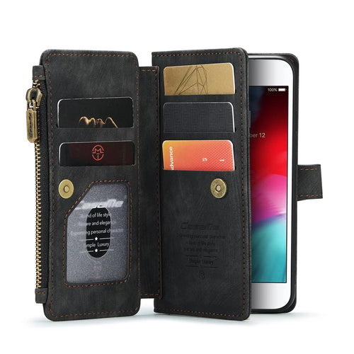 For iPhone SE (2022) / SE (2020) / 8 / 7 / 6 Phone Cases with Strap CASEME C30 Zipper Multiple Card Holder PU Leather Cover - Black - 1