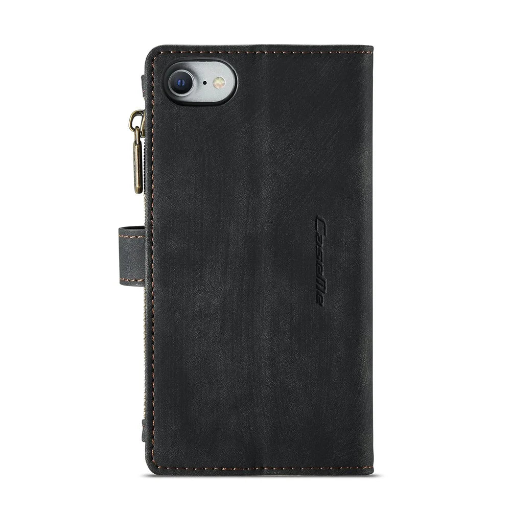 For iPhone SE (2022) / SE (2020) / 8 / 7 / 6 Phone Cases with Strap CASEME C30 Zipper Multiple Card Holder PU Leather Cover - Black - 3
