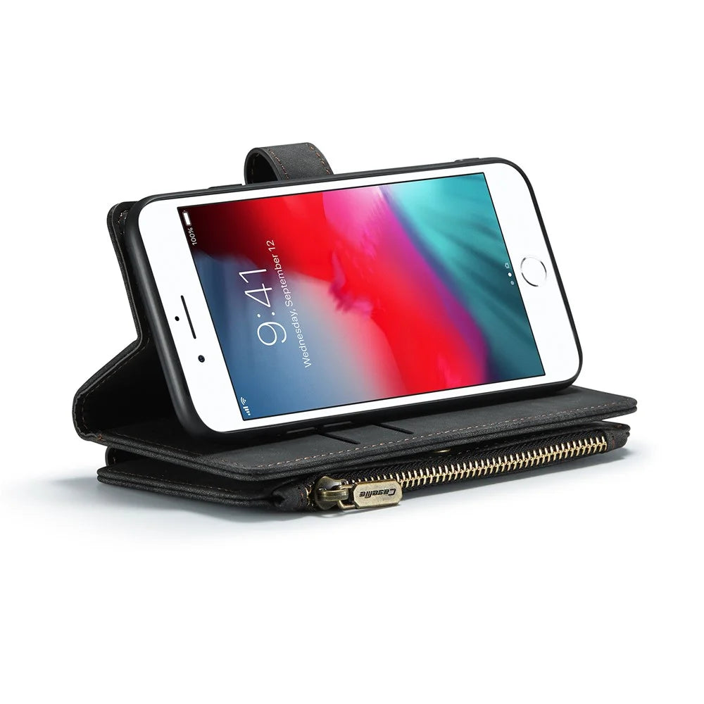 For iPhone SE (2022) / SE (2020) / 8 / 7 / 6 Phone Cases with Strap CASEME C30 Zipper Multiple Card Holder PU Leather Cover - Black - 4