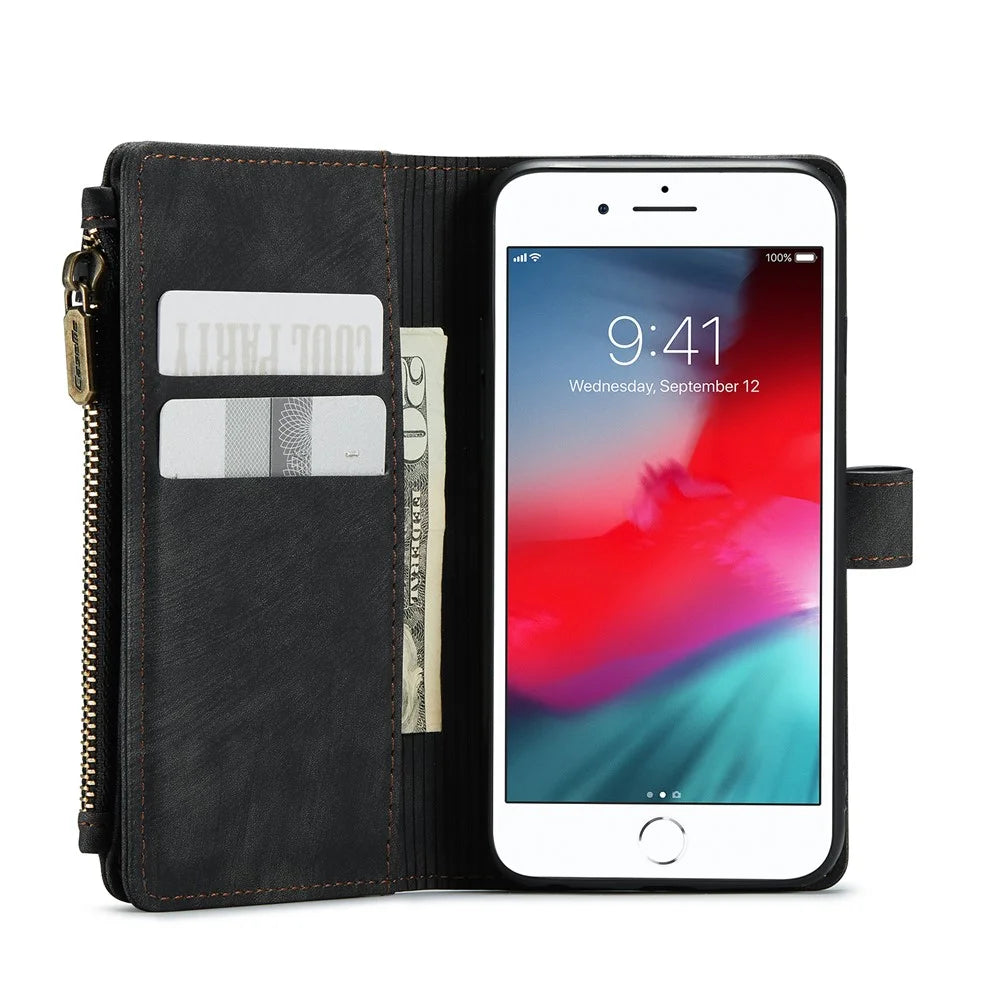 For iPhone SE (2022) / SE (2020) / 8 / 7 / 6 Phone Cases with Strap CASEME C30 Zipper Multiple Card Holder PU Leather Cover - Black - 6