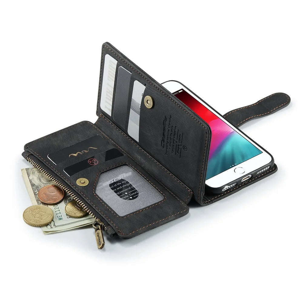For iPhone SE (2022) / SE (2020) / 8 / 7 / 6 Phone Cases with Strap CASEME C30 Zipper Multiple Card Holder PU Leather Cover - Black - 7