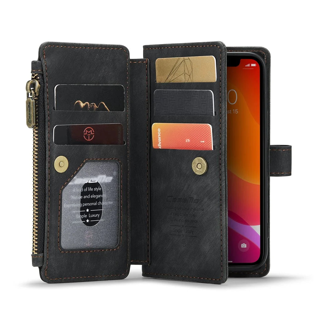 For iPhone 12 mini Phone Cases with Strap CASEME C30 Zipper Multiple Card Holder PU Leather Cover - Black - 1