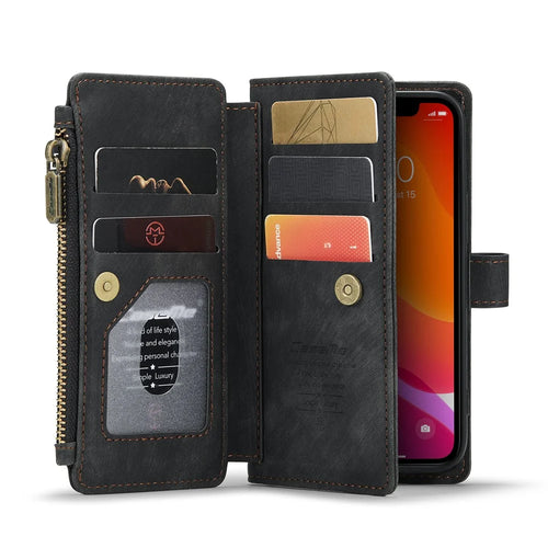 For iPhone 12 mini Phone Cases with Strap CASEME C30 Zipper Multiple Card Holder PU Leather Cover - Black - 1