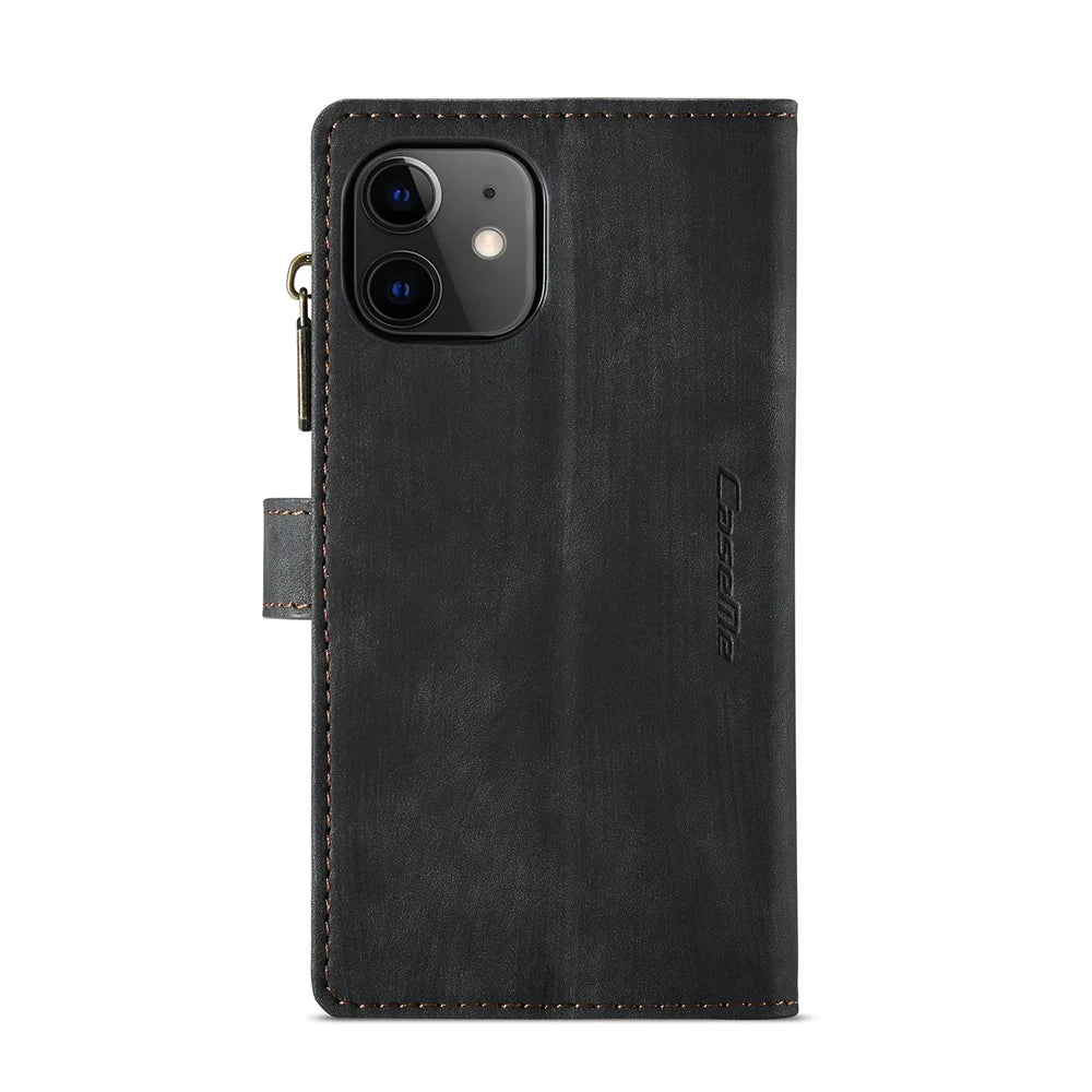 For iPhone 12 mini Phone Cases with Strap CASEME C30 Zipper Multiple Card Holder PU Leather Cover - Black - 3