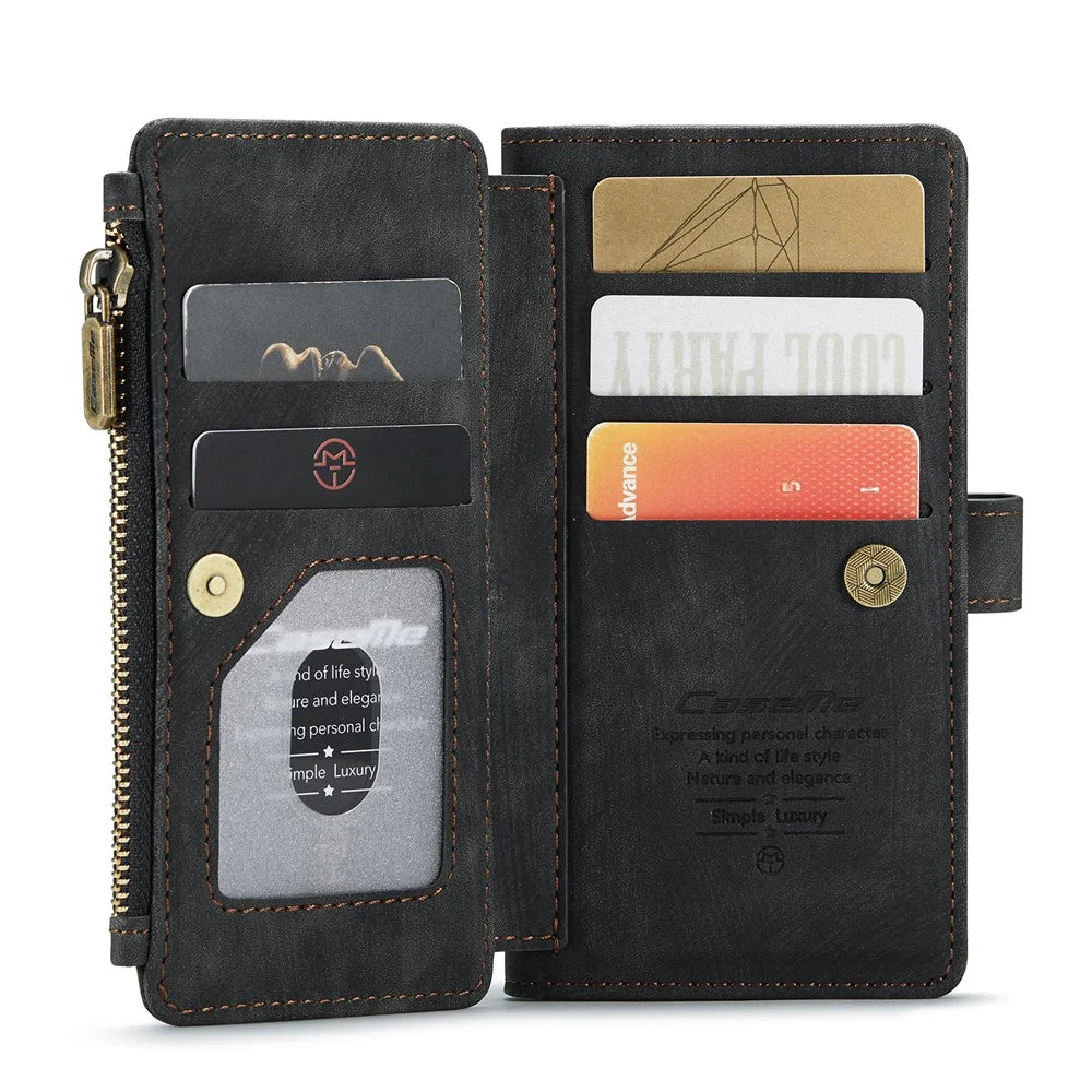 For iPhone 12 mini Phone Cases with Strap CASEME C30 Zipper Multiple Card Holder PU Leather Cover - Black - 5