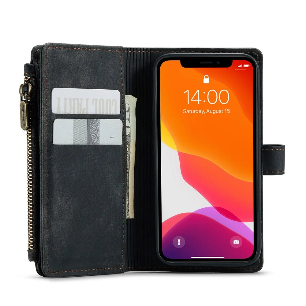 For iPhone 12 mini Phone Cases with Strap CASEME C30 Zipper Multiple Card Holder PU Leather Cover - Black - 6