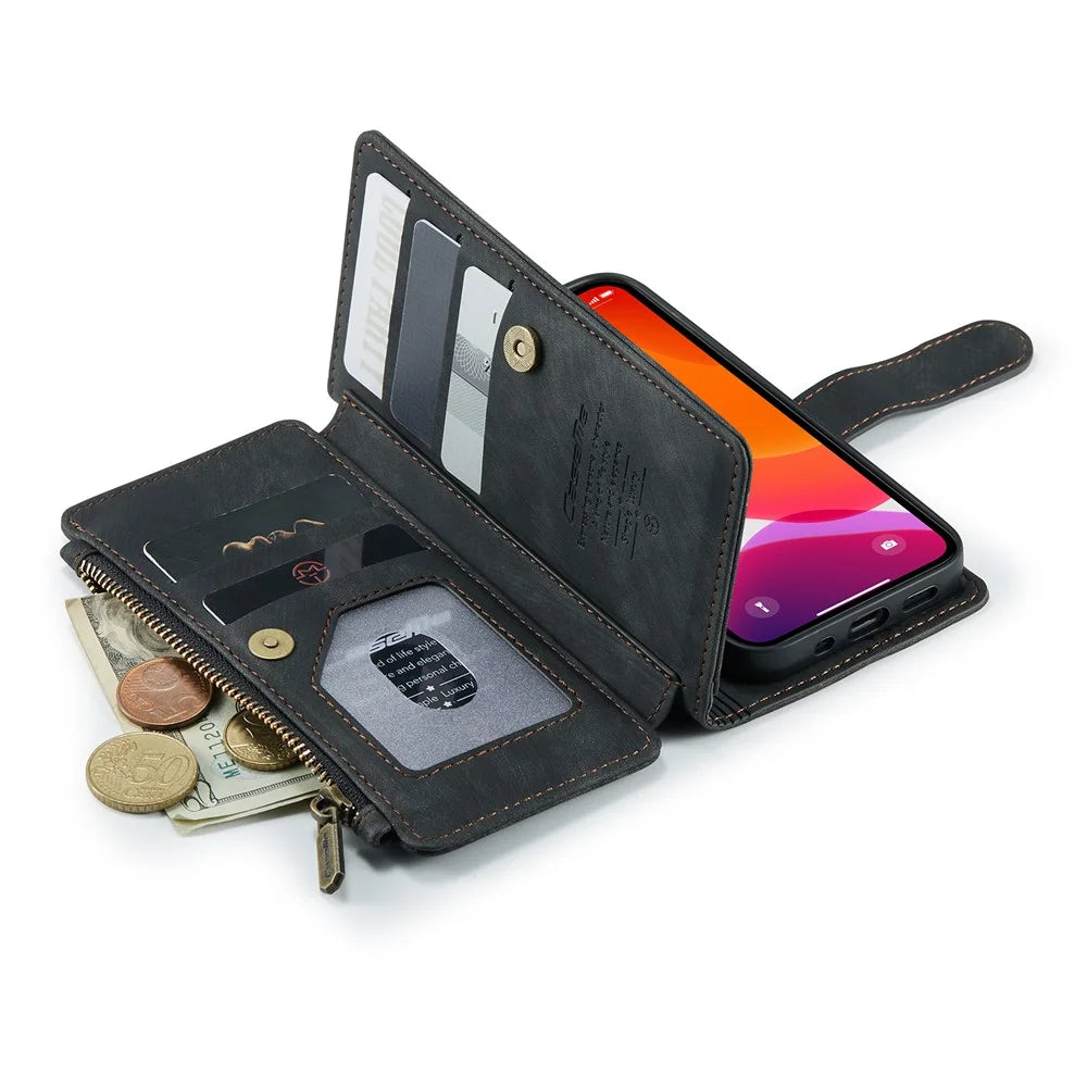 For iPhone 12 mini Phone Cases with Strap CASEME C30 Zipper Multiple Card Holder PU Leather Cover - Black - 7