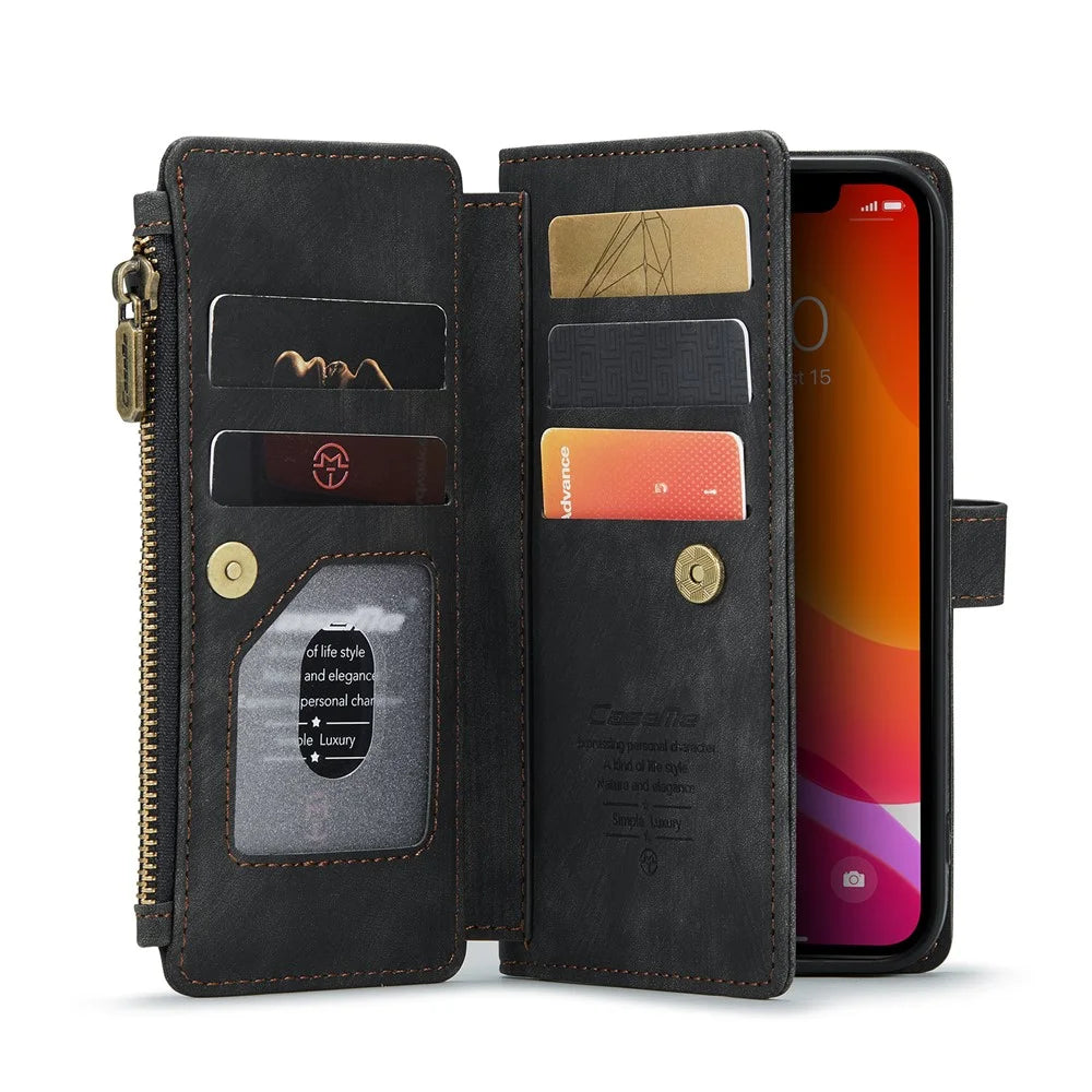 For iPhone 12 / 12 Pro Phone Cases with Strap CASEME C30 Zipper Multiple Card Holder PU Leather Cover - Black - 1