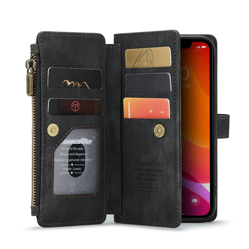 For iPhone 12 / 12 Pro Phone Cases with Strap CASEME C30 Zipper Multiple Card Holder PU Leather Cover - Black - 1