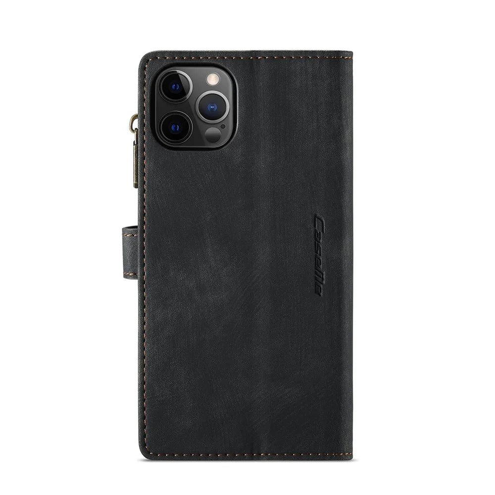 For iPhone 12 / 12 Pro Phone Cases with Strap CASEME C30 Zipper Multiple Card Holder PU Leather Cover - Black - 3