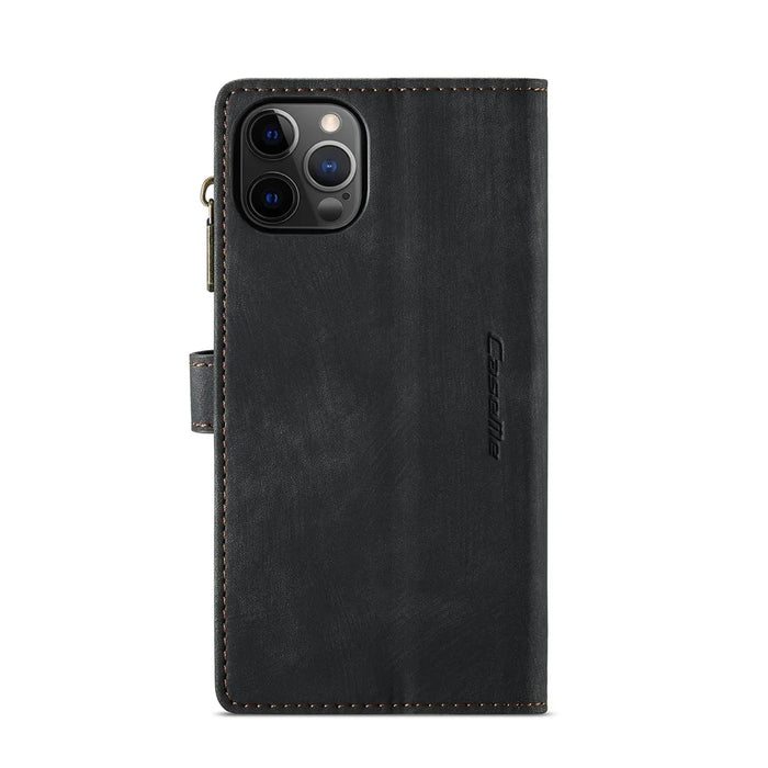 For iPhone 12 / 12 Pro Phone Cases with Strap CASEME C30 Zipper Multiple Card Holder PU Leather Cover - Black - 3