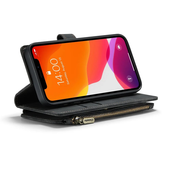 For iPhone 12 / 12 Pro Phone Cases with Strap CASEME C30 Zipper Multiple Card Holder PU Leather Cover - Black - 4