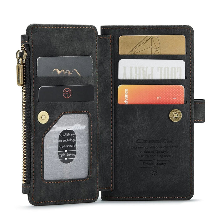 For iPhone 12 / 12 Pro Phone Cases with Strap CASEME C30 Zipper Multiple Card Holder PU Leather Cover - Black - 5