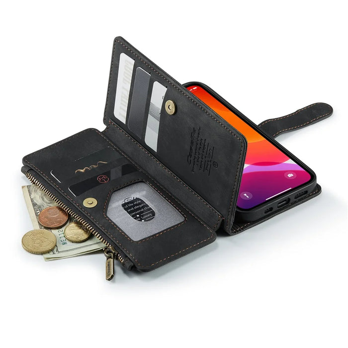 For iPhone 12 / 12 Pro Phone Cases with Strap CASEME C30 Zipper Multiple Card Holder PU Leather Cover - Black - 7