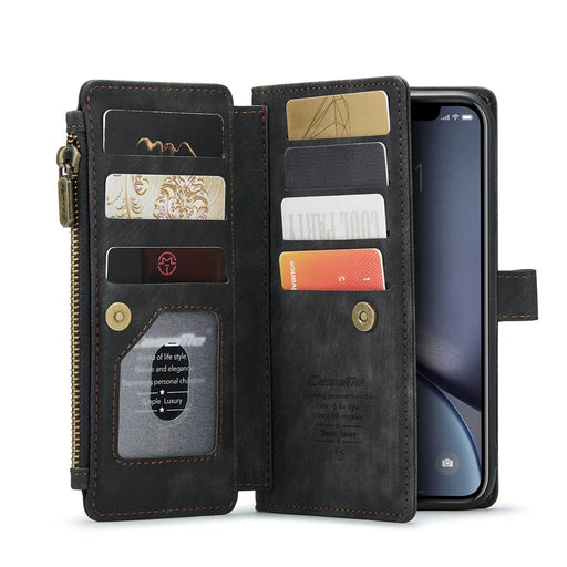 For iPhone XR Phone Cases with Strap CASEME C30 Zipper Multiple Card Holder PU Leather Cover - Black - 1