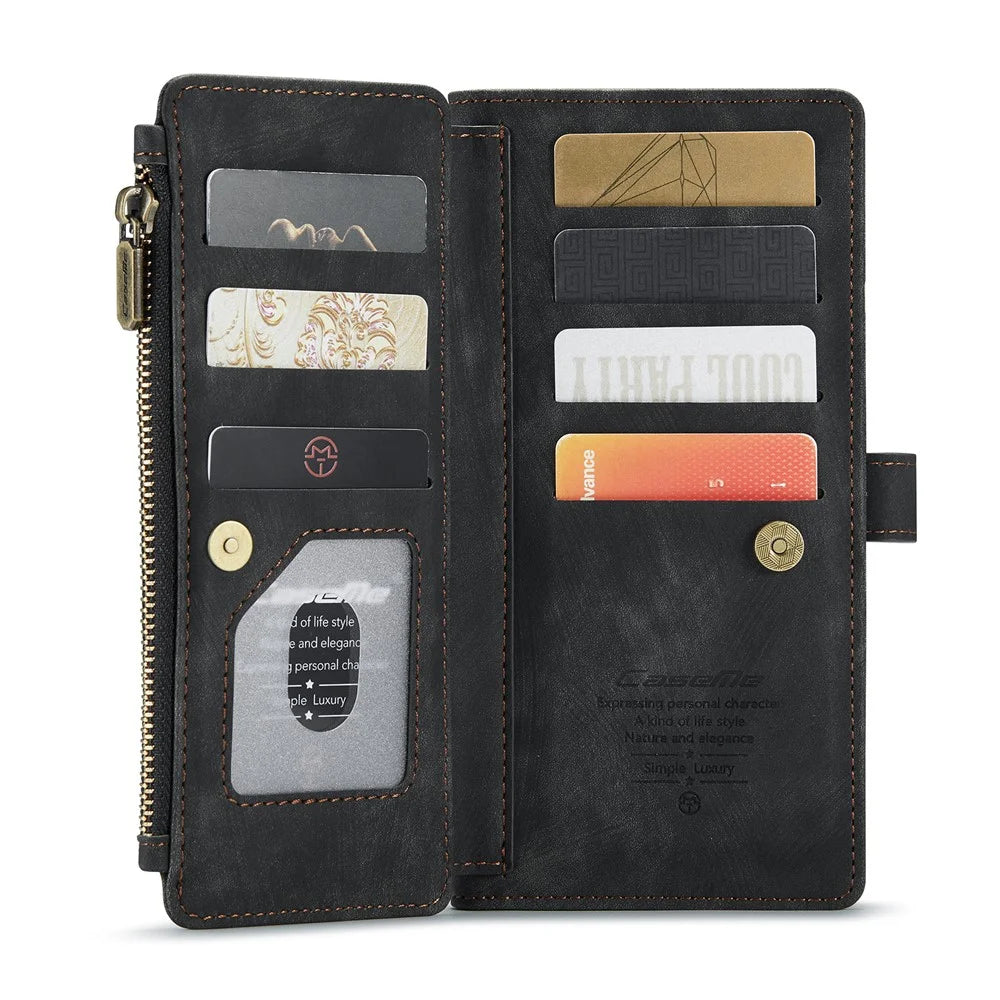 For iPhone XR Phone Cases with Strap CASEME C30 Zipper Multiple Card Holder PU Leather Cover - Black - 5