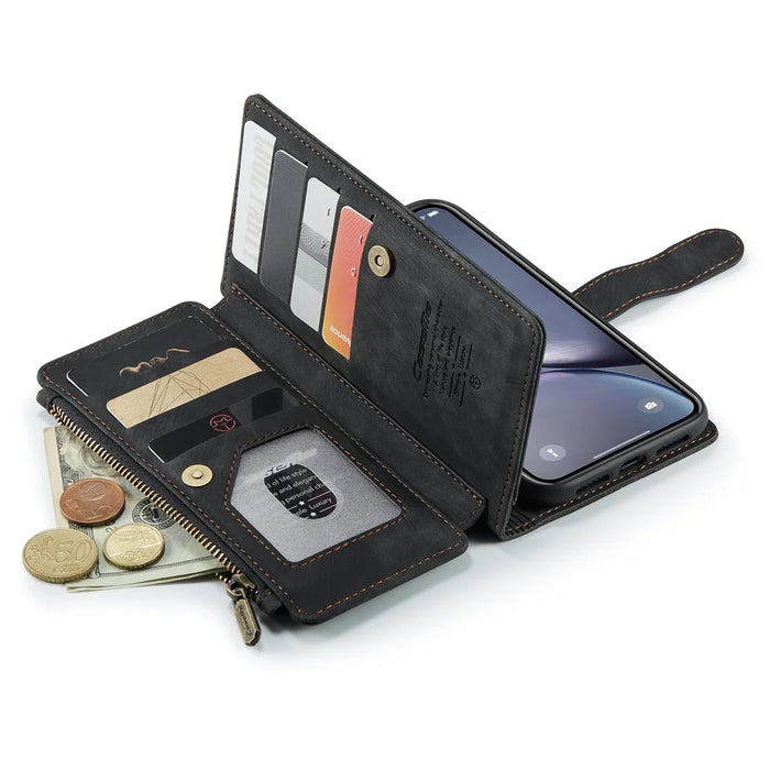 For iPhone XR Phone Cases with Strap CASEME C30 Zipper Multiple Card Holder PU Leather Cover - Black - 7