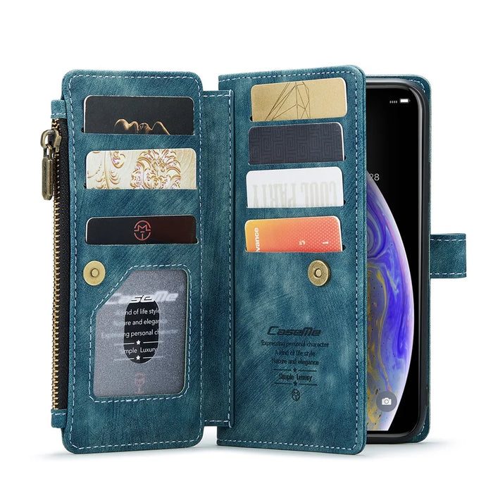 For iPhone XS Max Phone Cases with Strap CASEME C30 Zipper Multiple Card Holder PU Leather Cover - Green - 1