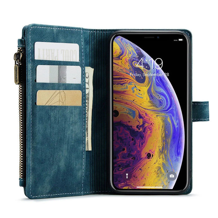 For iPhone XS Max Phone Cases with Strap CASEME C30 Zipper Multiple Card Holder PU Leather Cover - Green - 6
