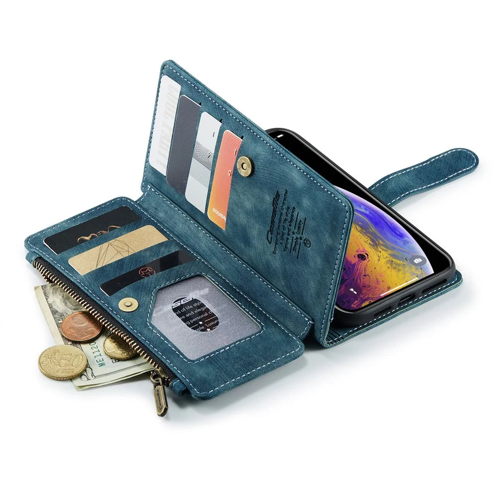 For iPhone XS Max Phone Cases with Strap CASEME C30 Zipper Multiple Card Holder PU Leather Cover - Green - 7