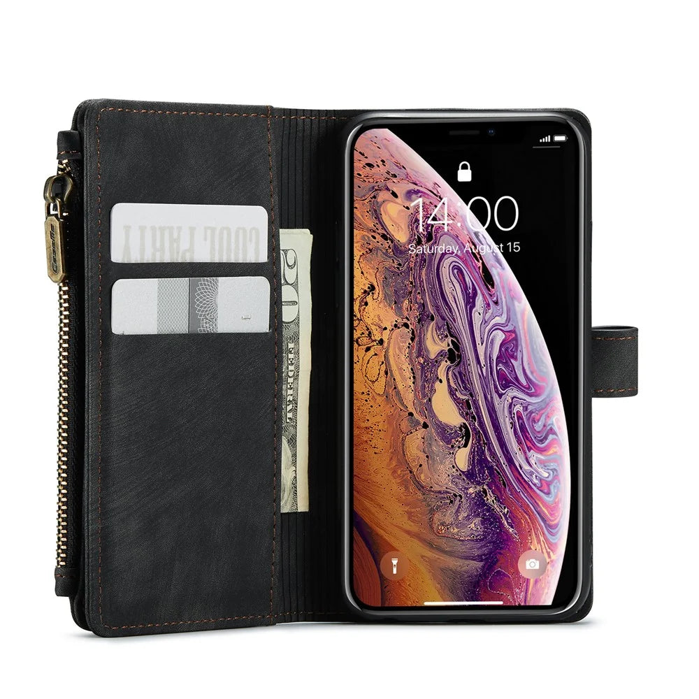 For iPhone X / XS Phone Cases with Strap CASEME C30 Zipper Multiple Card Holder PU Leather Cover - Black - 6