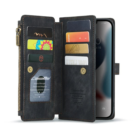 For iPhone 12 Pro Max Phone Cases with Strap CASEME C30 Zipper Multiple Card Holder PU Leather Cover - Black - 1