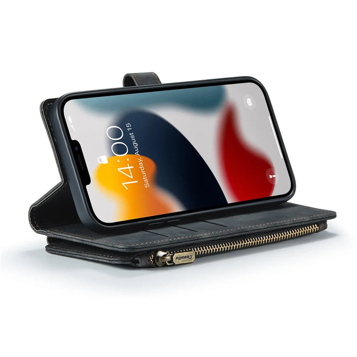 For iPhone 12 Pro Max Phone Cases with Strap CASEME C30 Zipper Multiple Card Holder PU Leather Cover - Black - 4