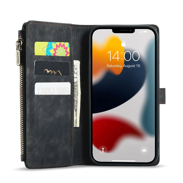 For iPhone 12 Pro Max Phone Cases with Strap CASEME C30 Zipper Multiple Card Holder PU Leather Cover - Black - 6