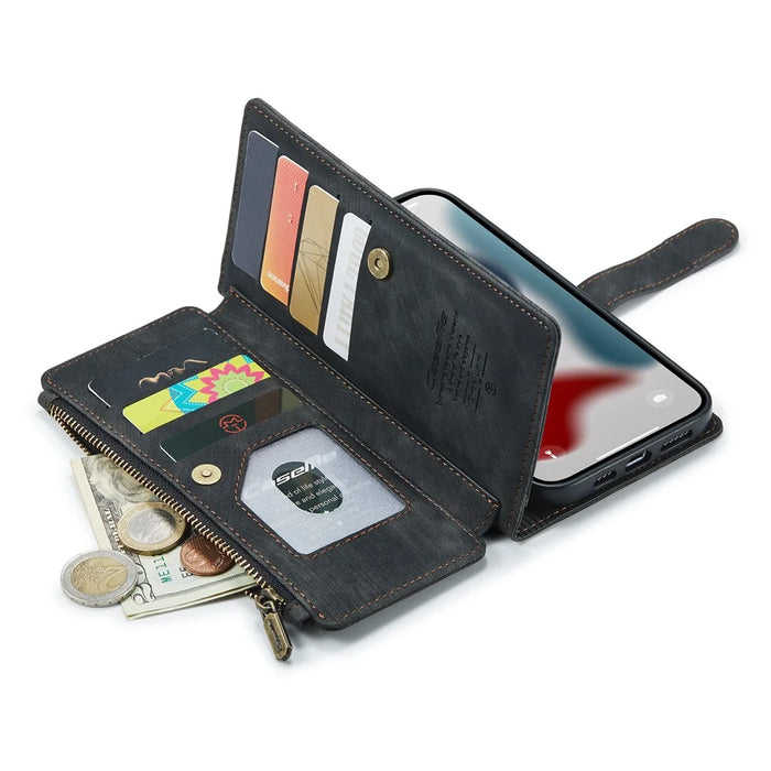 For iPhone 12 Pro Max Phone Cases with Strap CASEME C30 Zipper Multiple Card Holder PU Leather Cover - Black - 7