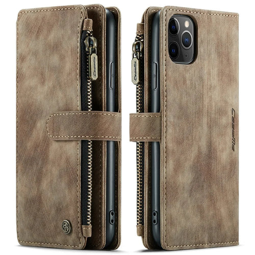 For iPhone 11 Pro Max Phone Cases with Strap CASEME C30 Zipper Multiple Card Holder PU Leather Cover - Brown - 1