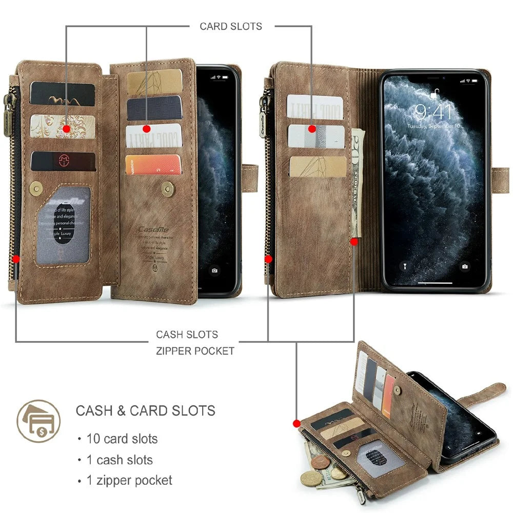 For iPhone 11 Pro Max Phone Cases with Strap CASEME C30 Zipper Multiple Card Holder PU Leather Cover - Brown - 3