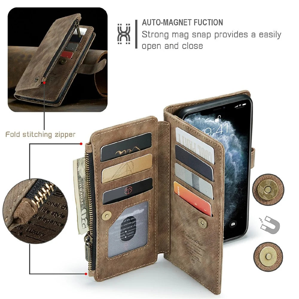 For iPhone 11 Pro Max Phone Cases with Strap CASEME C30 Zipper Multiple Card Holder PU Leather Cover - Brown - 5