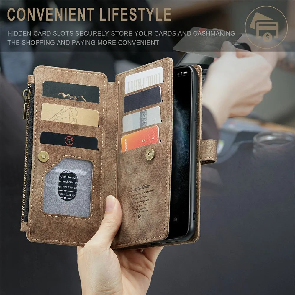 For iPhone 11 Pro Max Phone Cases with Strap CASEME C30 Zipper Multiple Card Holder PU Leather Cover - Brown - 6