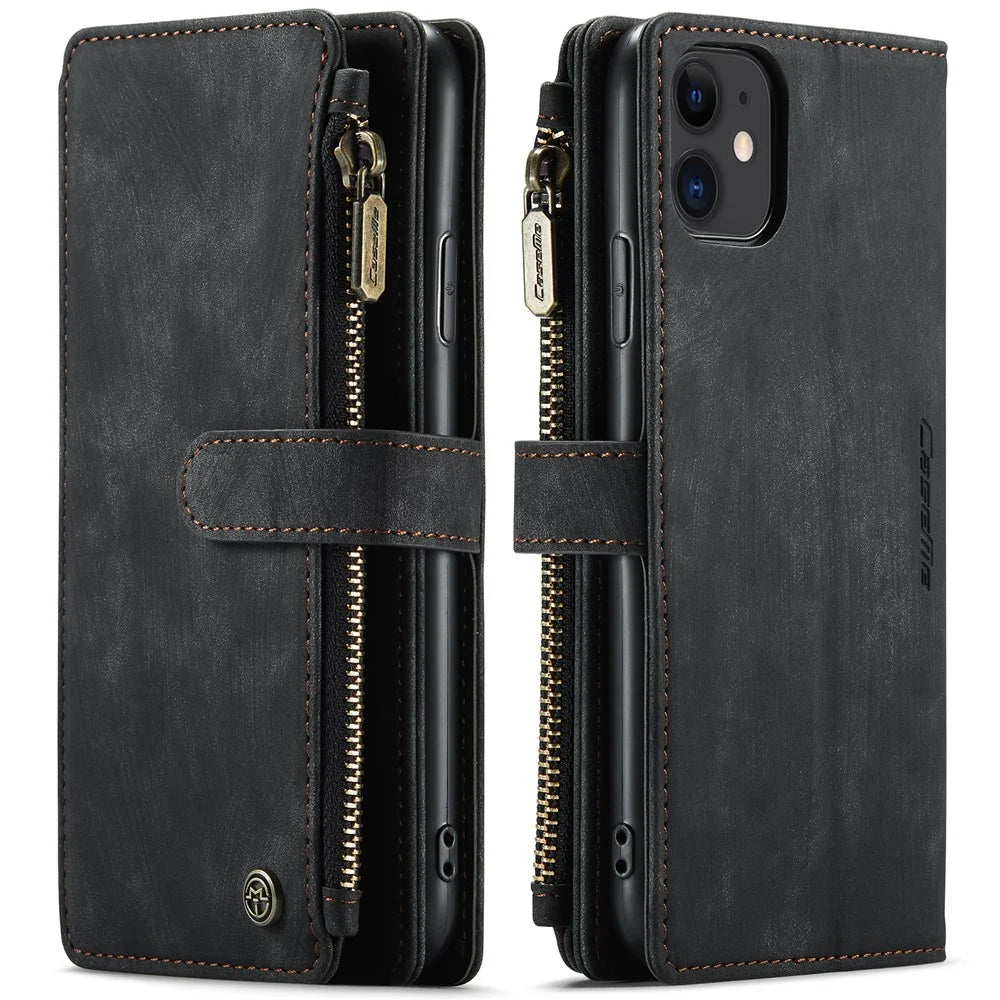 For iPhone 11 Phone Cases with Strap CASEME C30 Zipper Multiple Card Holder PU Leather Cover - Black - 1