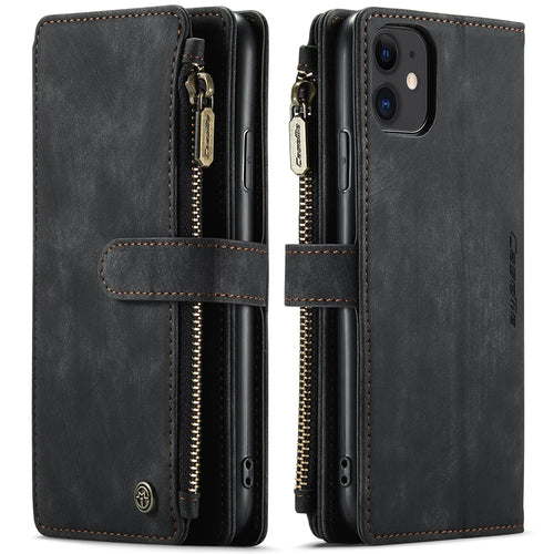For iPhone 11 Phone Cases with Strap CASEME C30 Zipper Multiple Card Holder PU Leather Cover - Black - 1