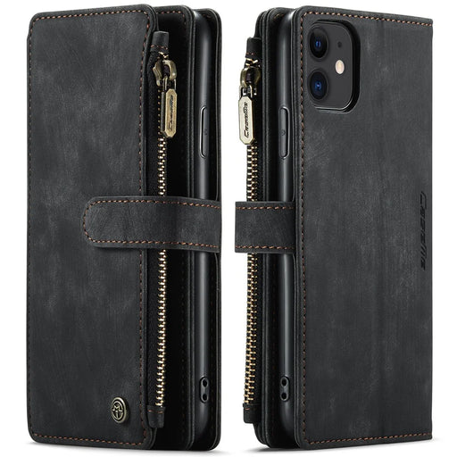 For iPhone 11 Phone Cases with Strap CASEME C30 Zipper Multiple Card Holder PU Leather Cover - Black - 1