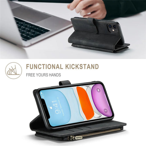 For iPhone 11 Phone Cases with Strap CASEME C30 Zipper Multiple Card Holder PU Leather Cover - Black - 2