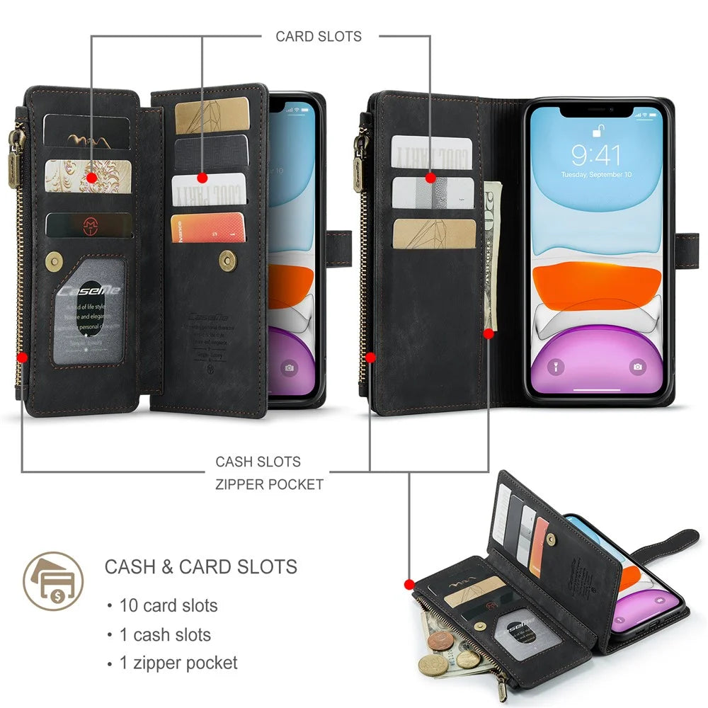 For iPhone 11 Phone Cases with Strap CASEME C30 Zipper Multiple Card Holder PU Leather Cover - Black - 3