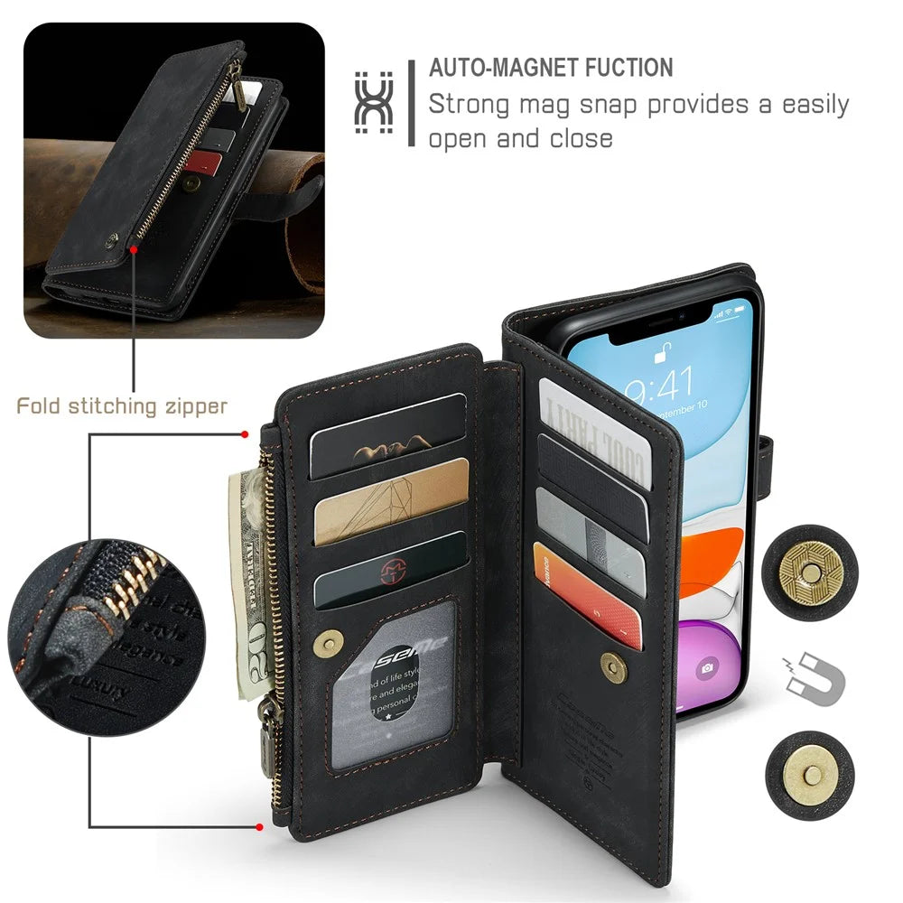 For iPhone 11 Phone Cases with Strap CASEME C30 Zipper Multiple Card Holder PU Leather Cover - Black - 5