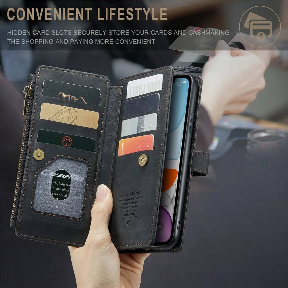 For iPhone 11 Phone Cases with Strap CASEME C30 Zipper Multiple Card Holder PU Leather Cover - Black - 6