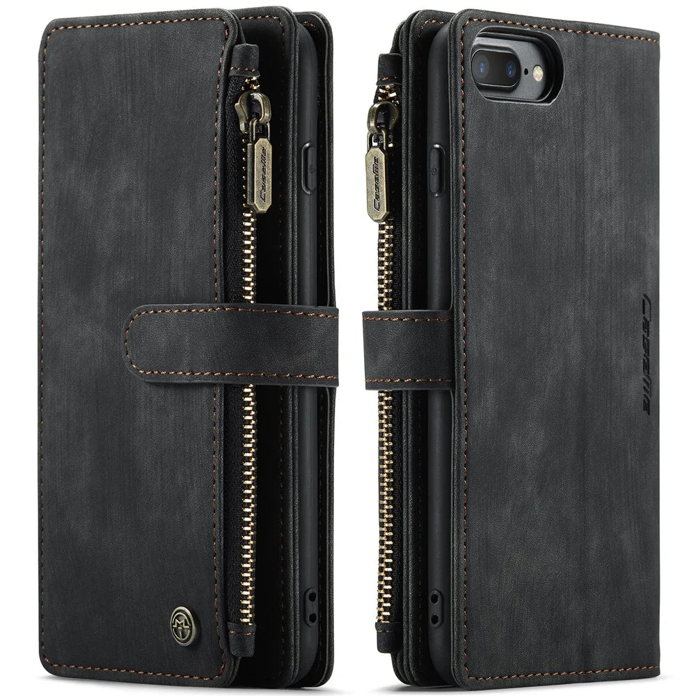For iPhone 6 Plus / 7 Plus / 8 Plus Phone Cases with Strap CASEME C30 Zipper Multiple Card Holder PU Leather Cover - Black - 1