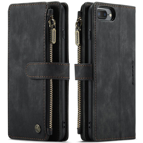 For iPhone 6 Plus / 7 Plus / 8 Plus Phone Cases with Strap CASEME C30 Zipper Multiple Card Holder PU Leather Cover - Black - 1