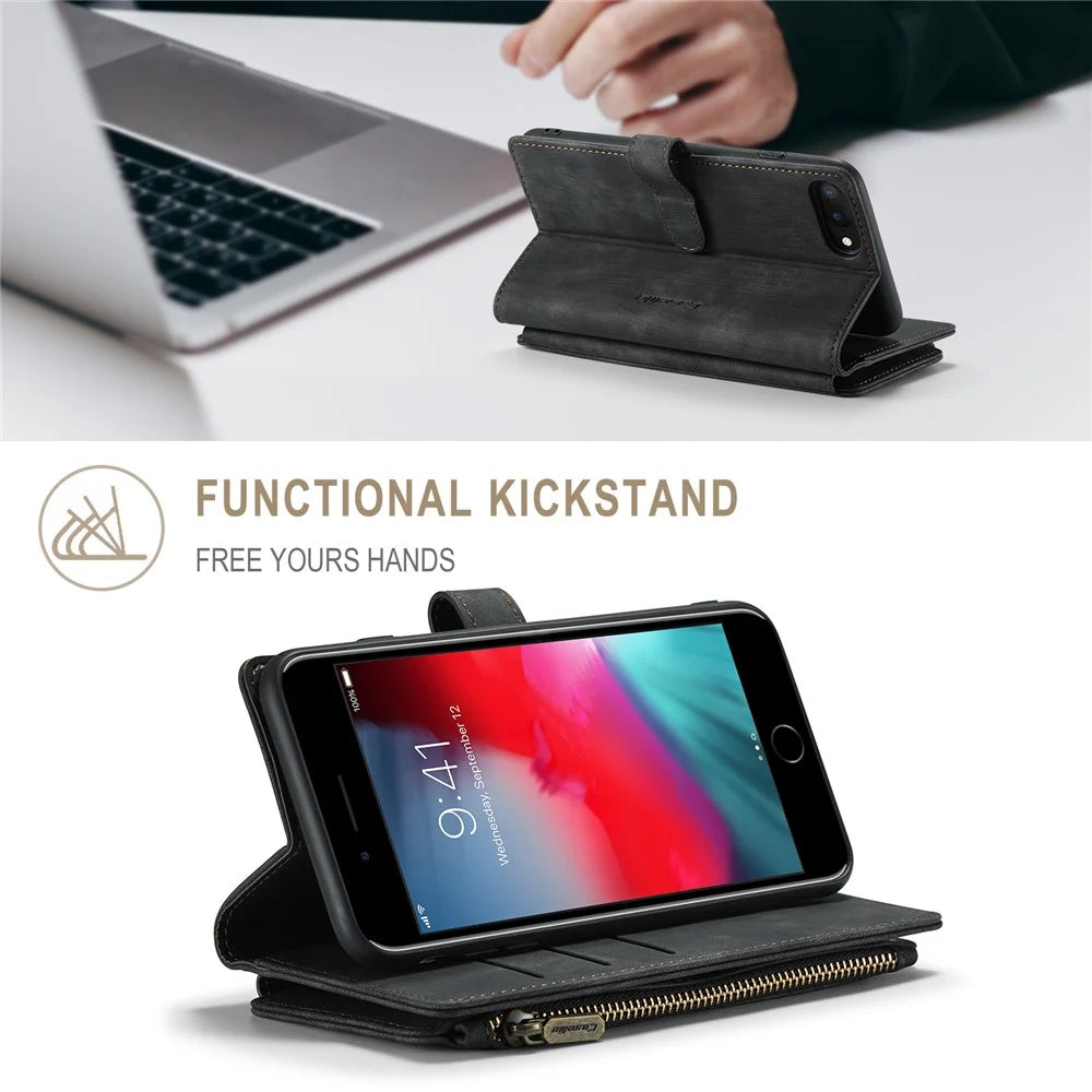 For iPhone 6 Plus / 7 Plus / 8 Plus Phone Cases with Strap CASEME C30 Zipper Multiple Card Holder PU Leather Cover - Black - 2