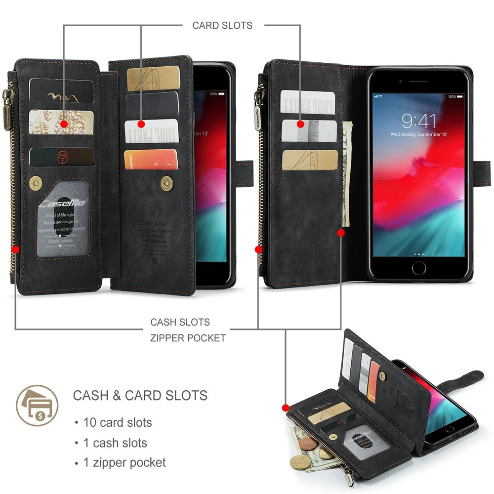 For iPhone 6 Plus / 7 Plus / 8 Plus Phone Cases with Strap CASEME C30 Zipper Multiple Card Holder PU Leather Cover - Black - 3