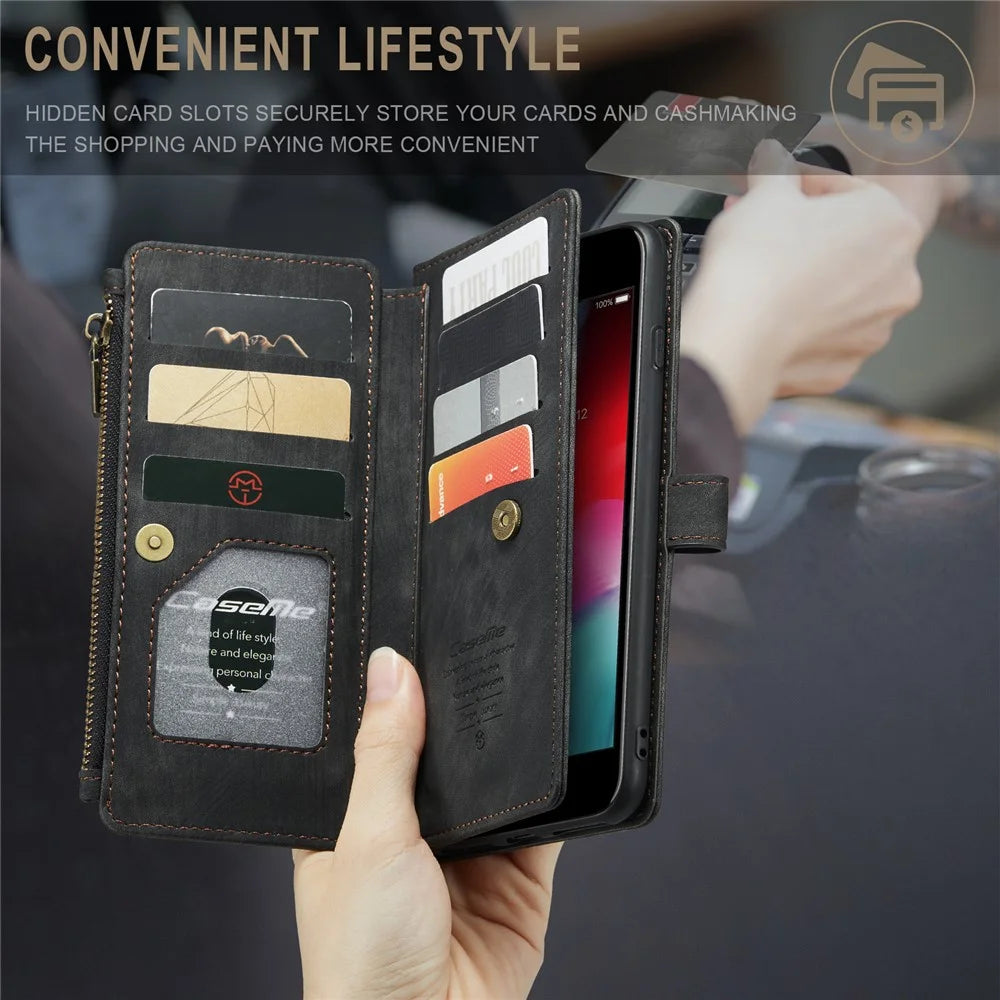 For iPhone 6 Plus / 7 Plus / 8 Plus Phone Cases with Strap CASEME C30 Zipper Multiple Card Holder PU Leather Cover - Black - 5