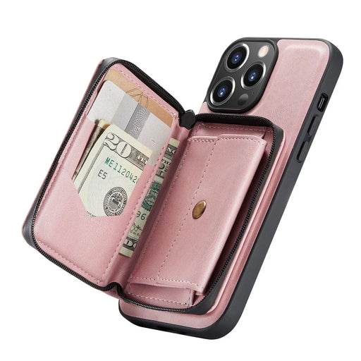 JEEHOOD Well-protected Anti-fall Magnetic Detachable 2-in-1 Hybrid Case with Zippered Wallet Kickstand for iPhone 13 Pro 6.1 inch - Pink - 1