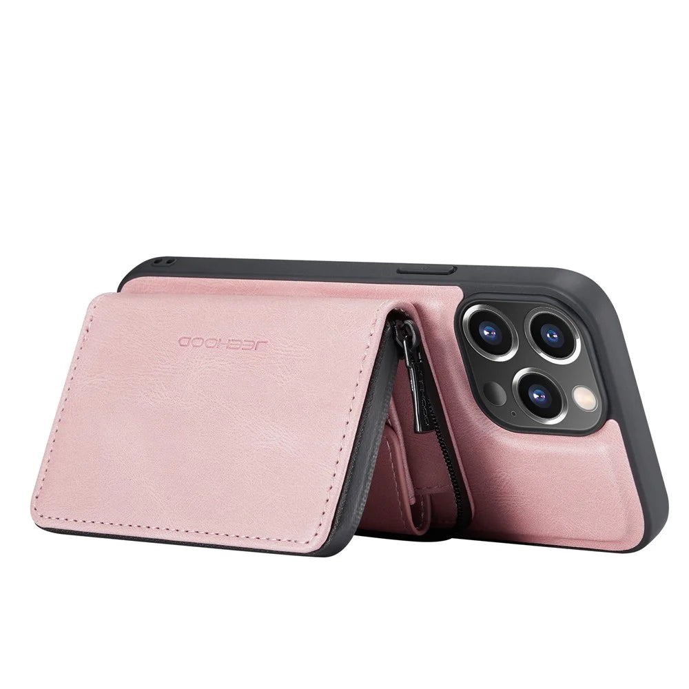JEEHOOD Well-protected Anti-fall Magnetic Detachable 2-in-1 Hybrid Case with Zippered Wallet Kickstand for iPhone 13 Pro 6.1 inch - Pink - 5