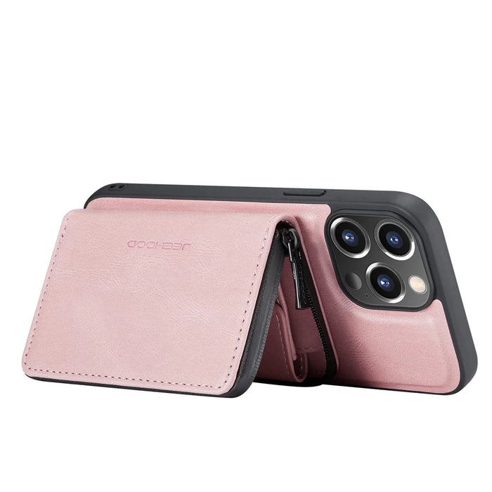JEEHOOD Well-protected Anti-fall Magnetic Detachable 2-in-1 Hybrid Case with Zippered Wallet Kickstand for iPhone 13 Pro 6.1 inch - Pink - 5